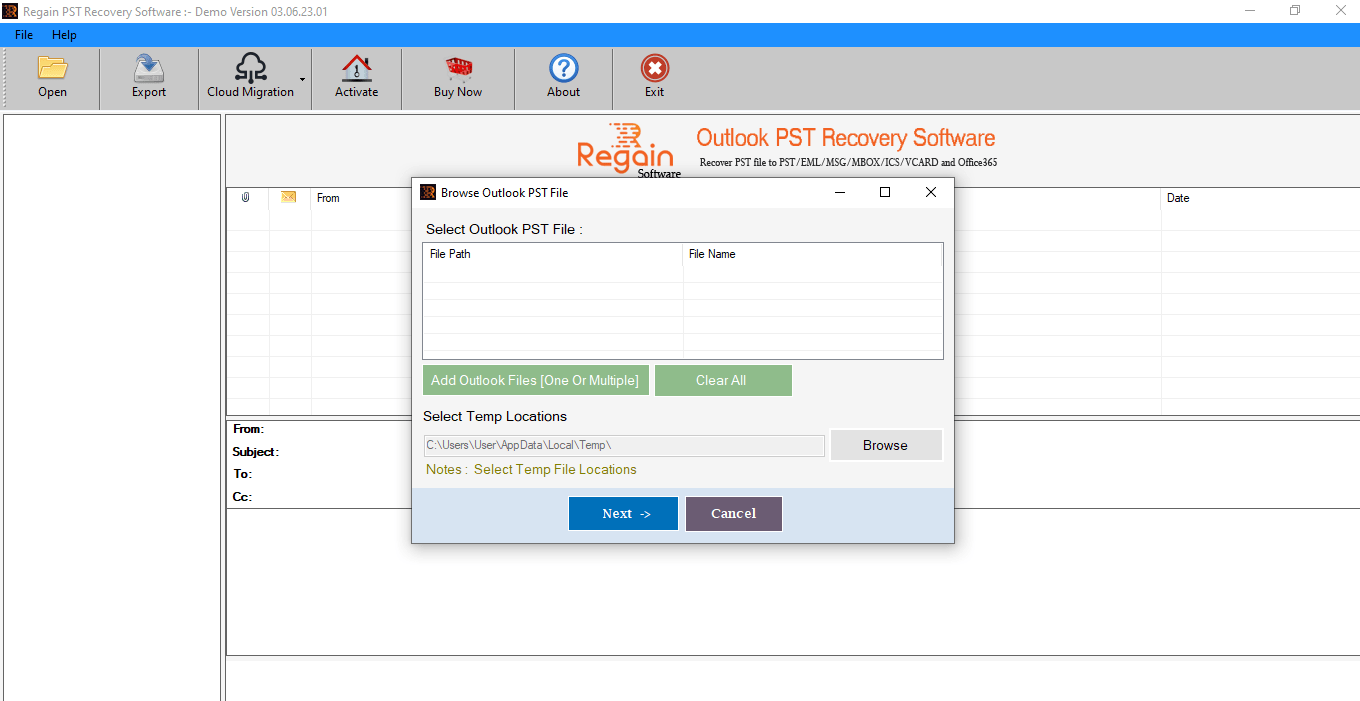 Welcome Screen- Regain Outlook PST Recovery Software