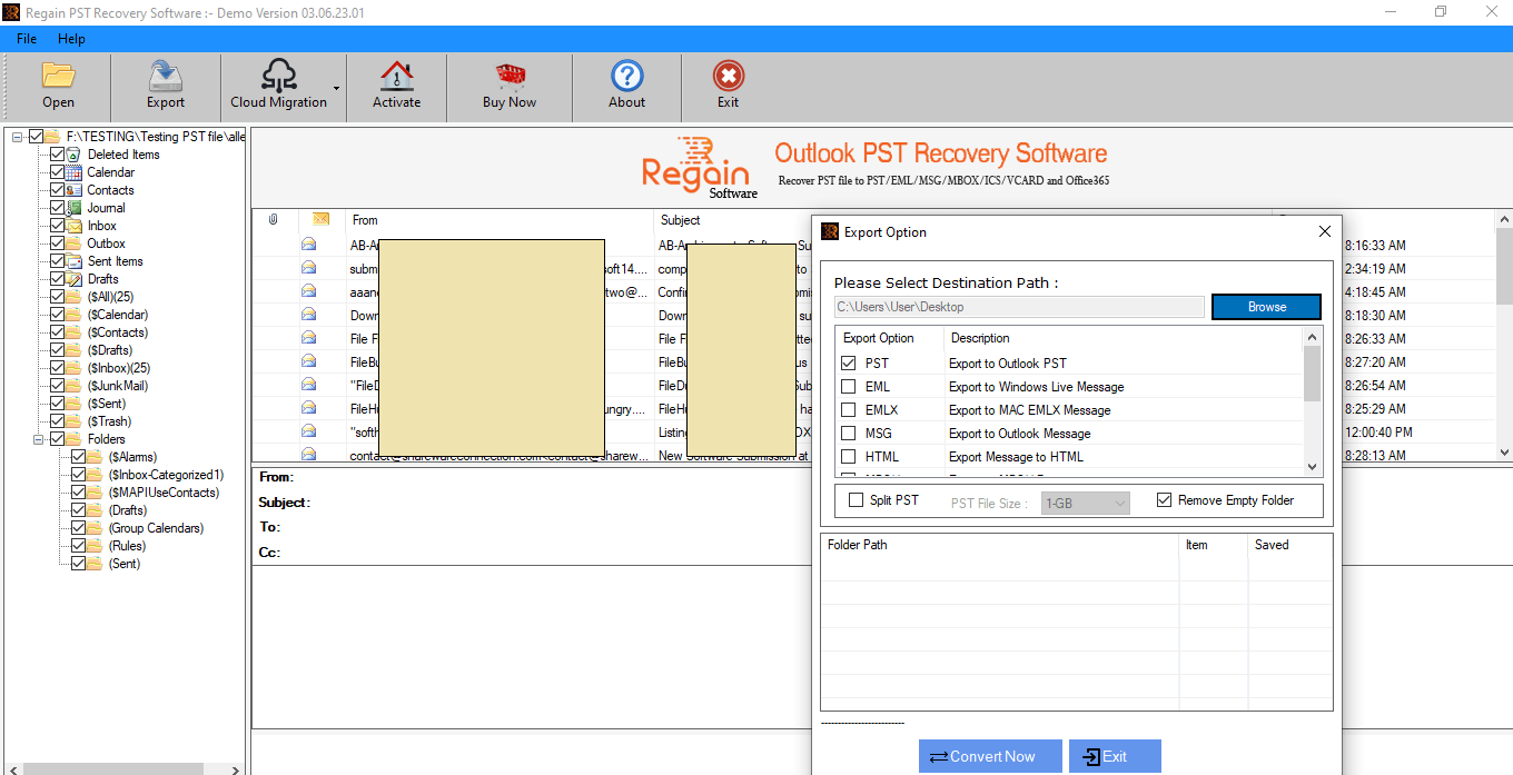 Select the destination path for saving emails