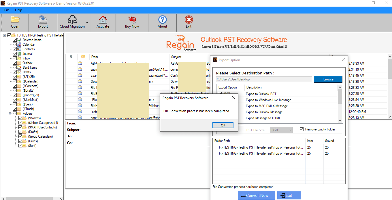 Sucessfully saved items in PST file